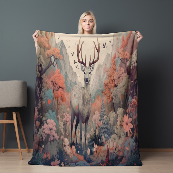 Red Deer In Garden Printed Sherpa Fleece Blanket Animal Ukiyo E Design