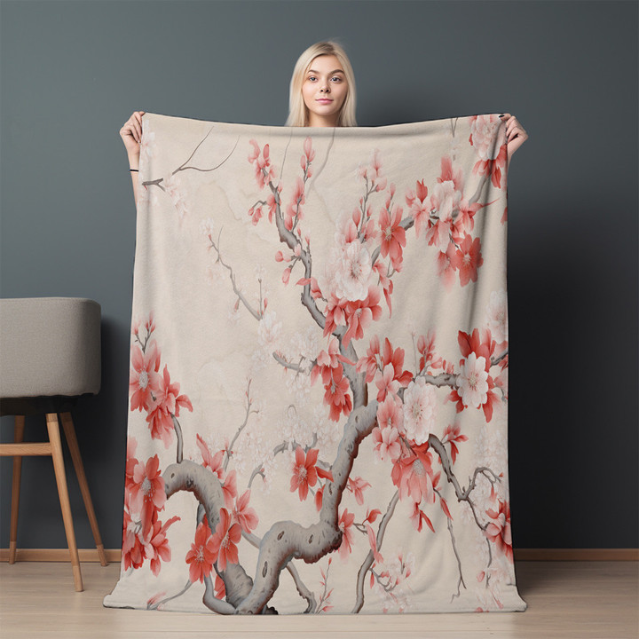 Red And Pink Flowers Chinoserie Printed Sherpa Fleece Blanket Avignon Floral Design