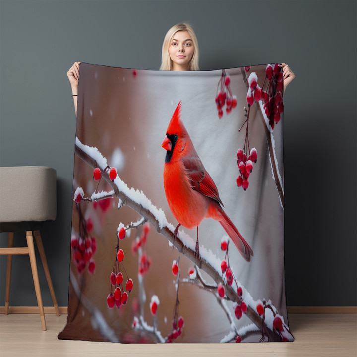Red Cardinal In The Snow Printed Sherpa Fleece Blanket Animal Design