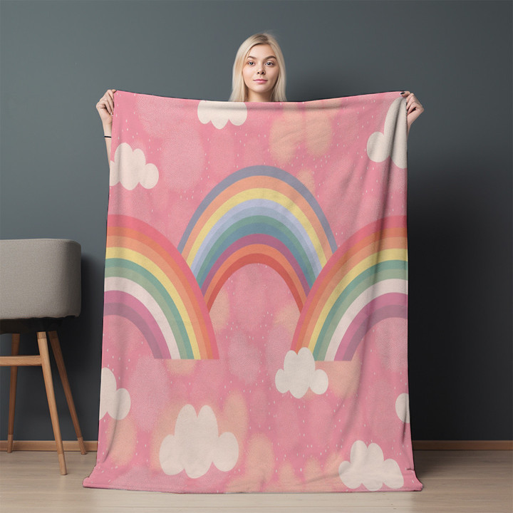 Rainbows On Pink Background Printed Sherpa Fleece Blanket For Kids