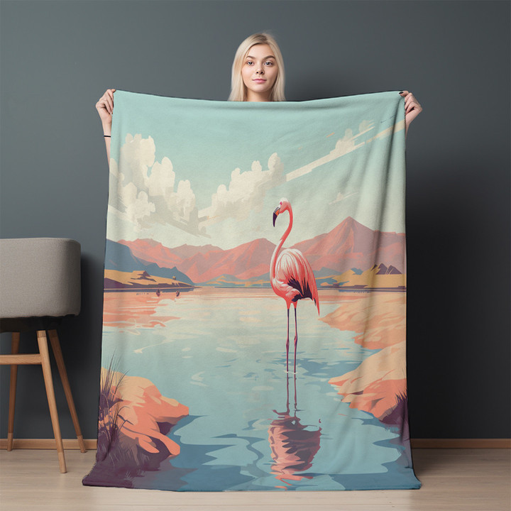 Retro Flamingo Scene Printed Sherpa Fleece Blanket Animal Design