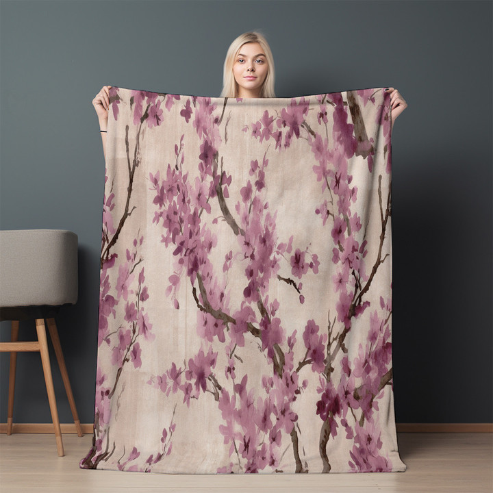 Purple Flowers Chinoserie Printed Sherpa Fleece Blanket Avignon Floral Design