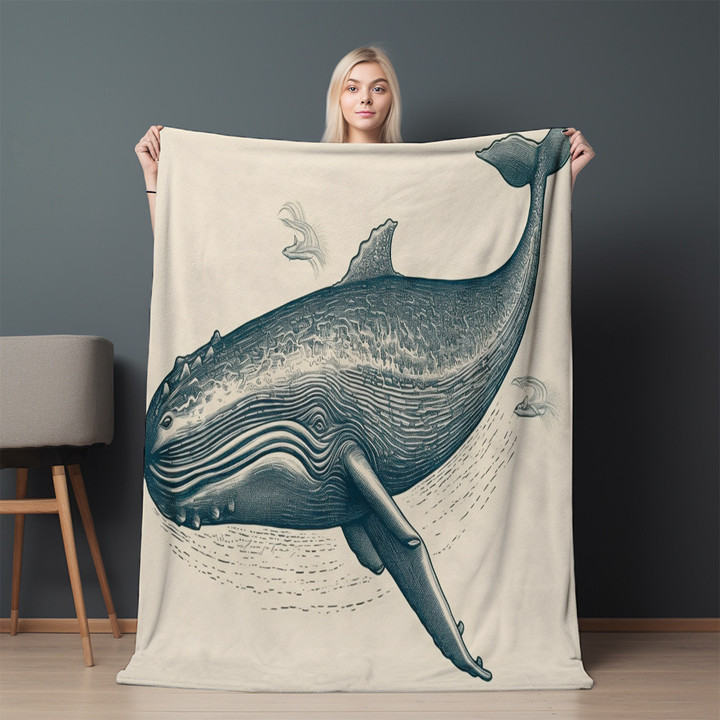 Retro Vintage Whale Drawing Printed Sherpa Fleece Blanket