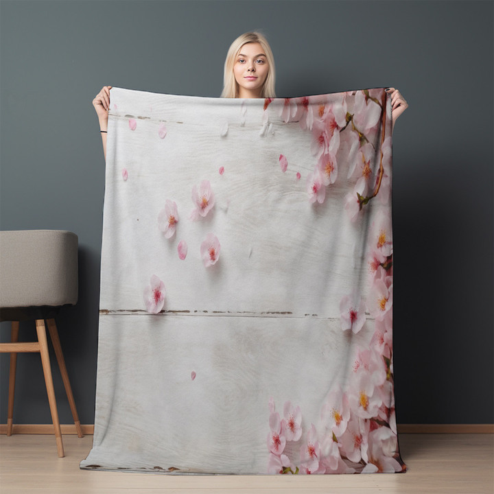 Sakura Flowers White Wood Printed Sherpa Fleece Blanket Texture Design