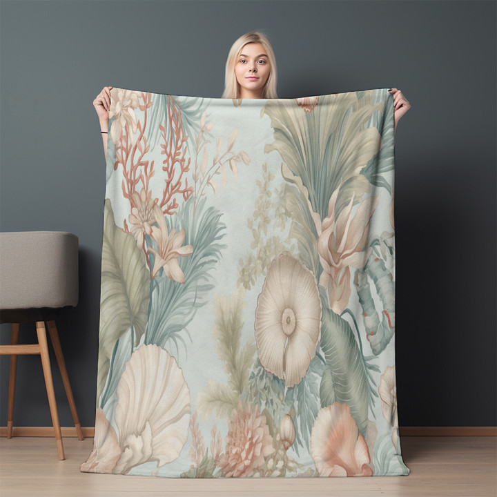Seaside Animals Printed Sherpa Fleece Blanket Summer Floral Design