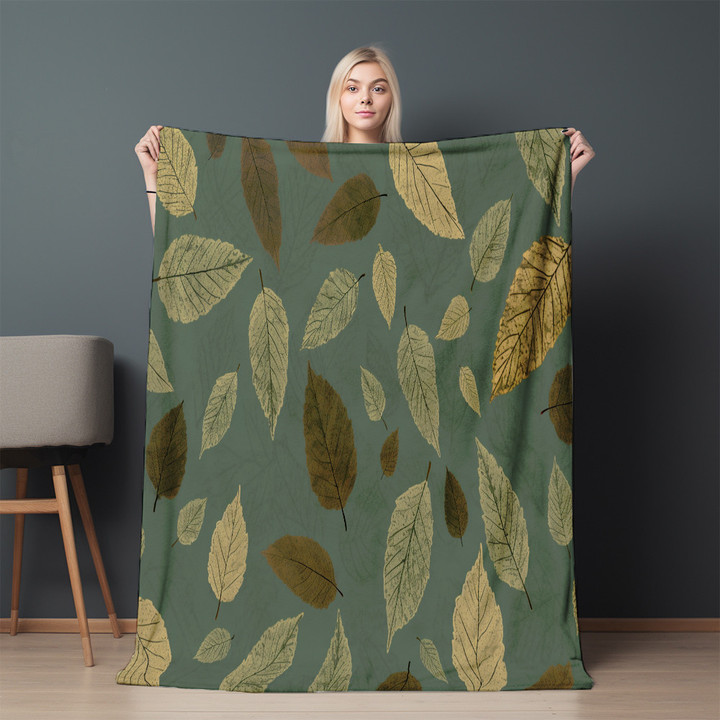 Simple Autumn Leaves Pattern On Green Background Printed Sherpa Fleece Blanket