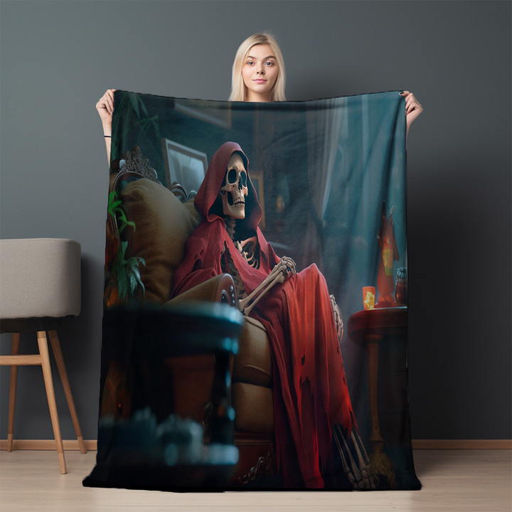 Skull In Living Room Printed Sherpa Fleece Blanket Halloween Design