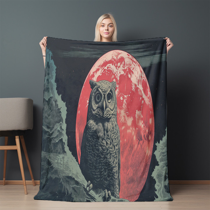 Scary Owl Risograph Printed Sherpa Fleece Blanket Animal Design