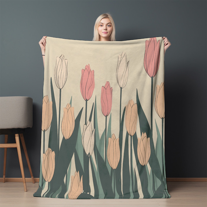 Simple Tulip Flowers Illustration Printed Sherpa Fleece Blanket Floral Design