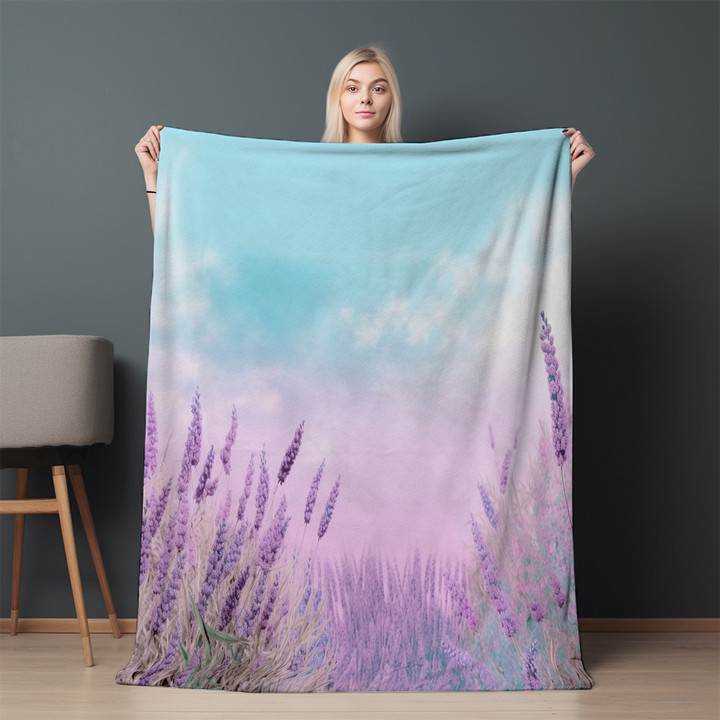 Serene Lavender Blooming Printed Sherpa Fleece Blanket Summer Floral Design