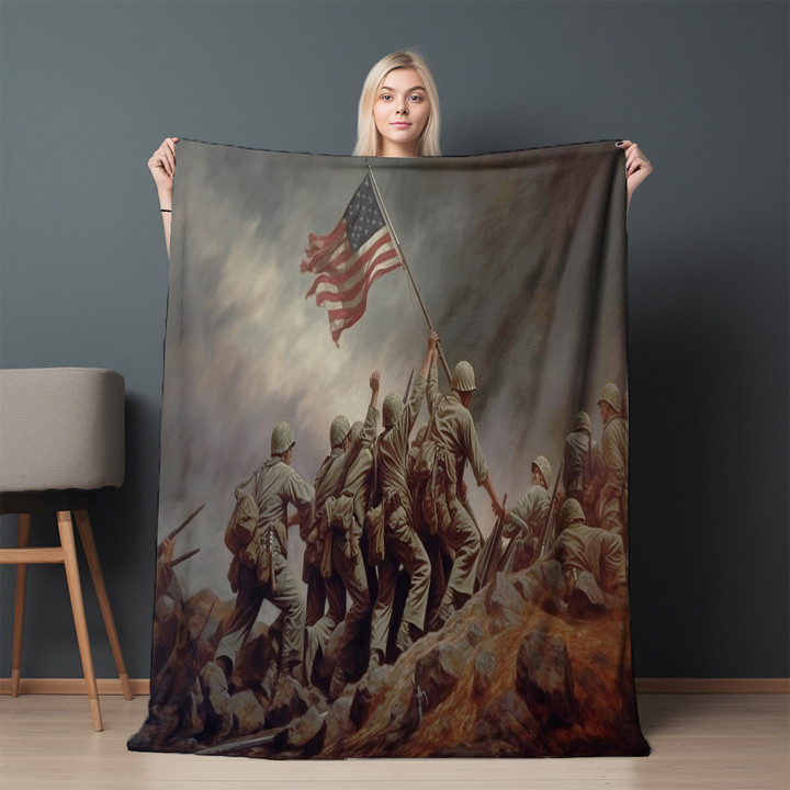 Soldiers Raising The American Flag Printed Sherpa Fleece Blanket Patriotic Design
