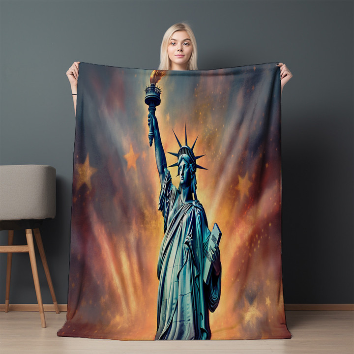 Statue of Liberty And American Flag Background Printed Sherpa Fleece Blanket Patriotic Design