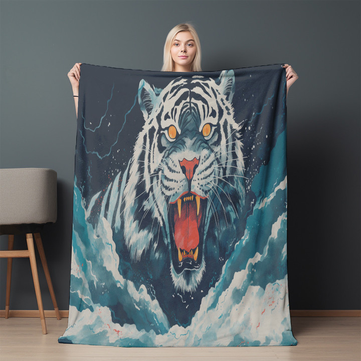 Thunder Tiger Risograph Printed Sherpa Fleece Blanket Animal Design