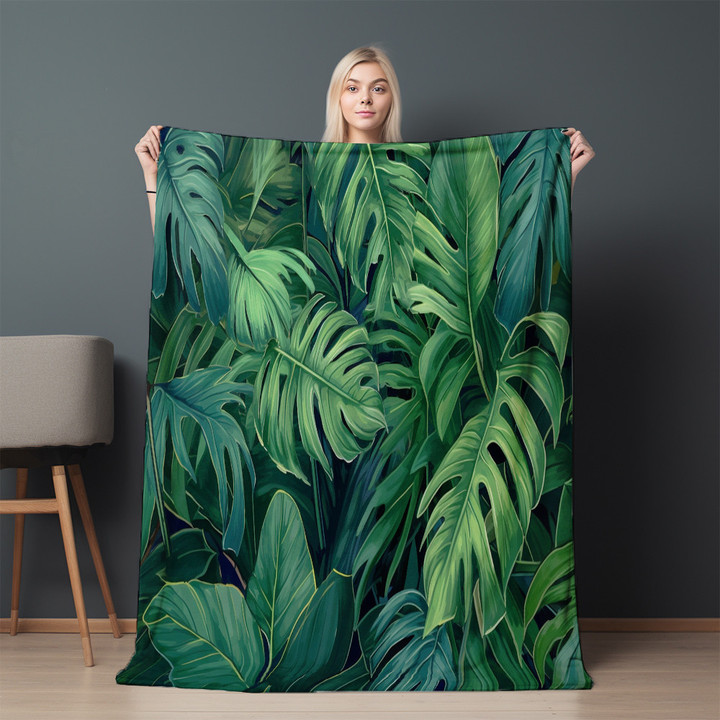 Tropical Jungle Green Leaves Printed Sherpa Fleece Blanket