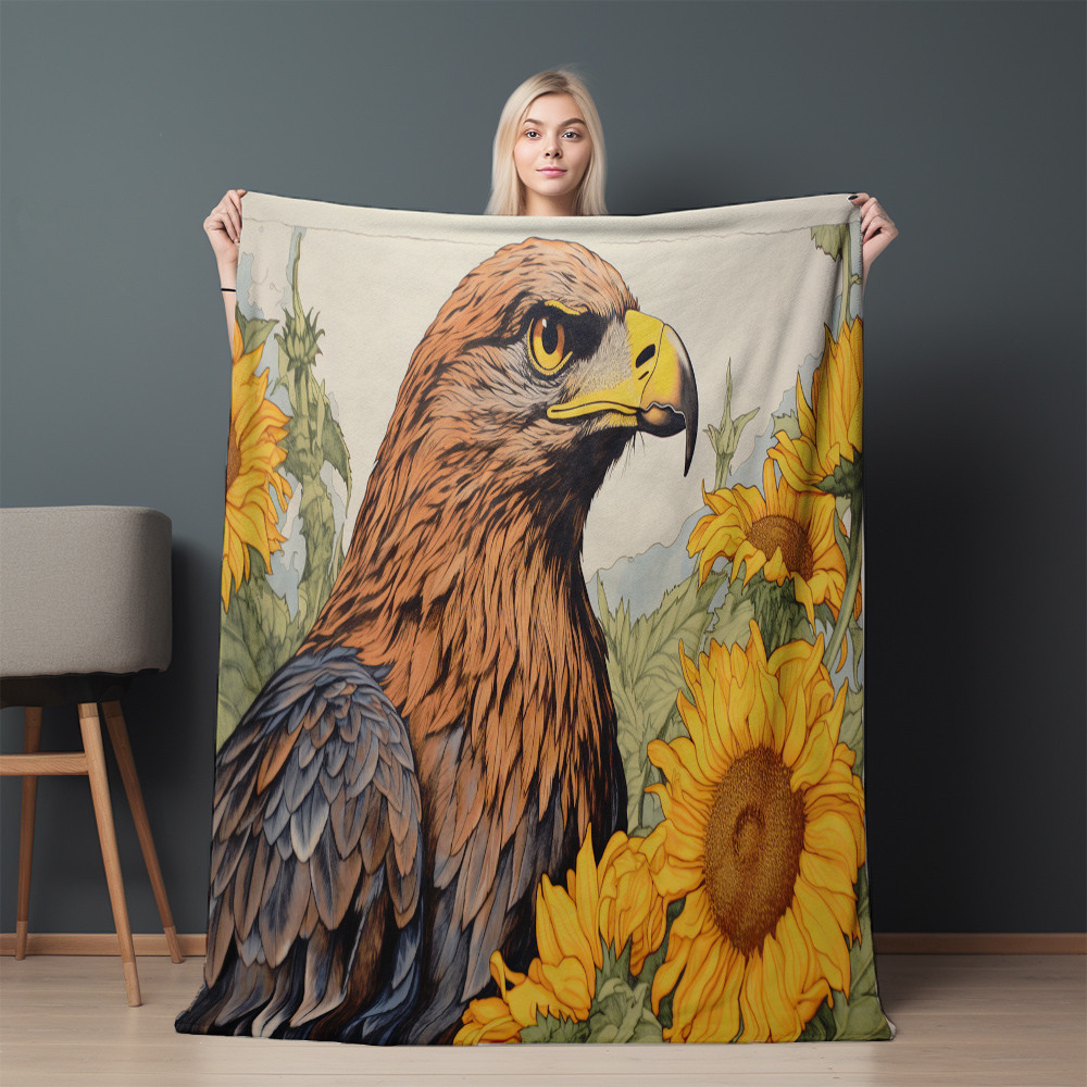 Sunflower Eagle Risograph Printed Sherpa Fleece Blanket Animal Design