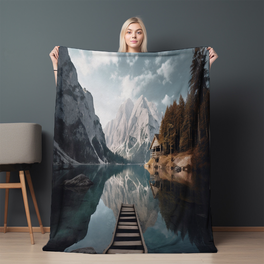 The Lake And Mountains Landscape Design Printed Sherpa Fleece Blanket