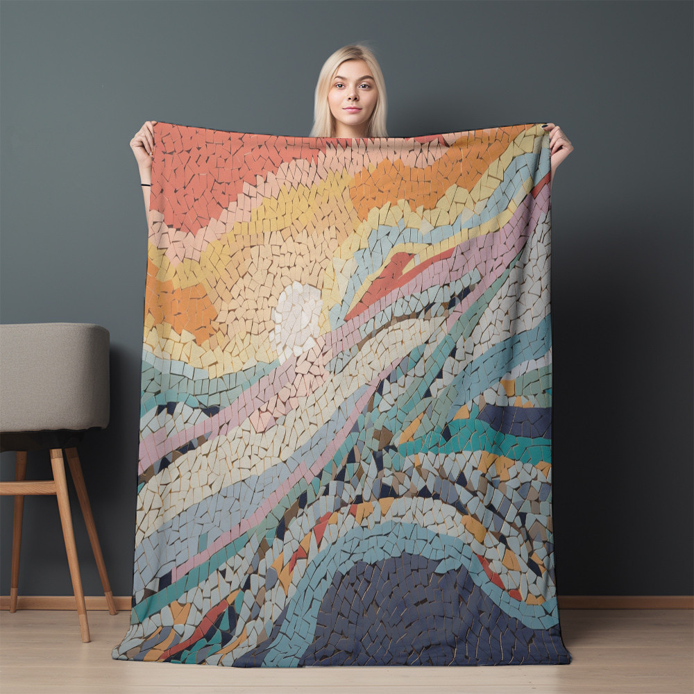 Sunset Over The Ocean Printed Sherpa Fleece Blanket Terrazzo Mosaic Pattern Design