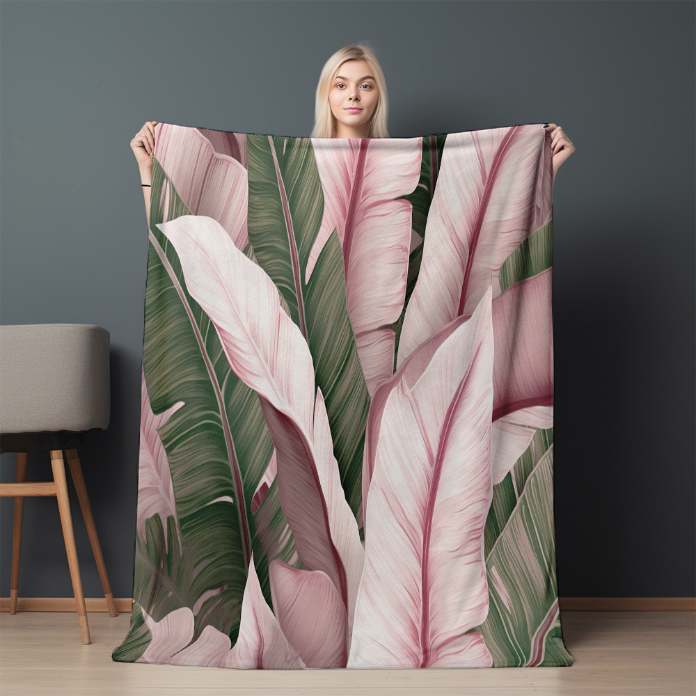 Tropical Leaves With Pale Pink And White Color Printed Sherpa Fleece Blanket