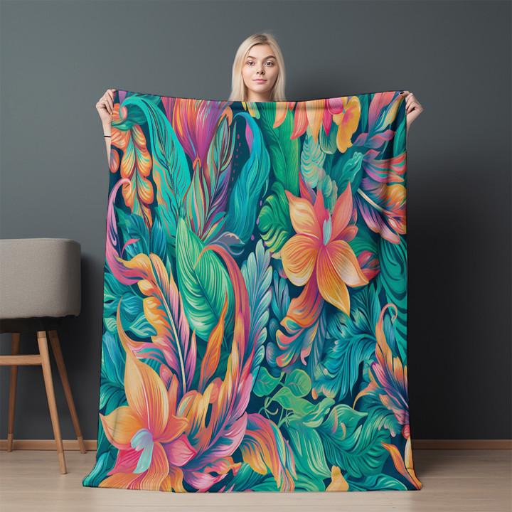 Tropical Flowers Printed Sherpa Fleece Blanket Paisley Pattern Design
