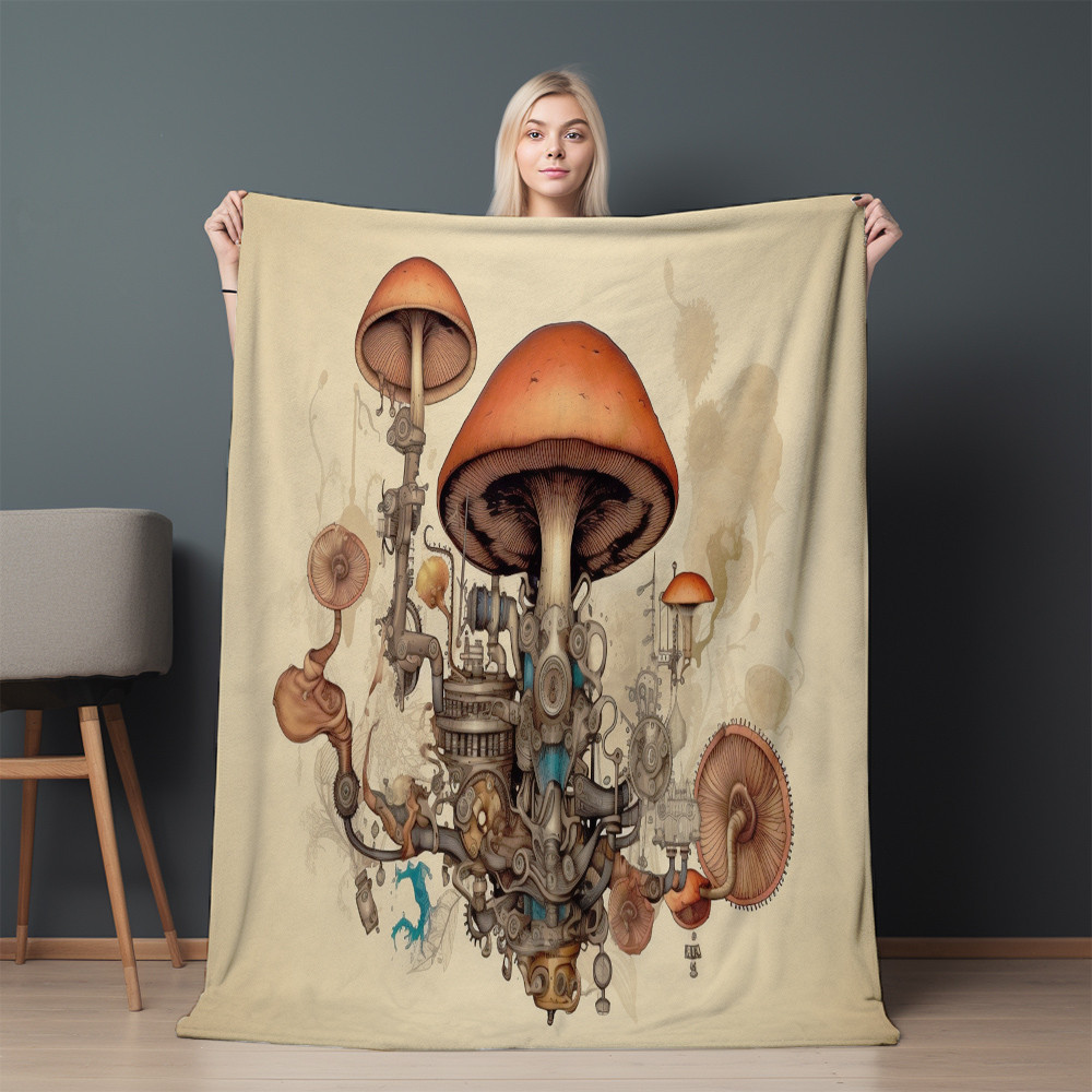 Victorian Machinery Mushroom Printed Sherpa Fleece Blanket Botanical Design