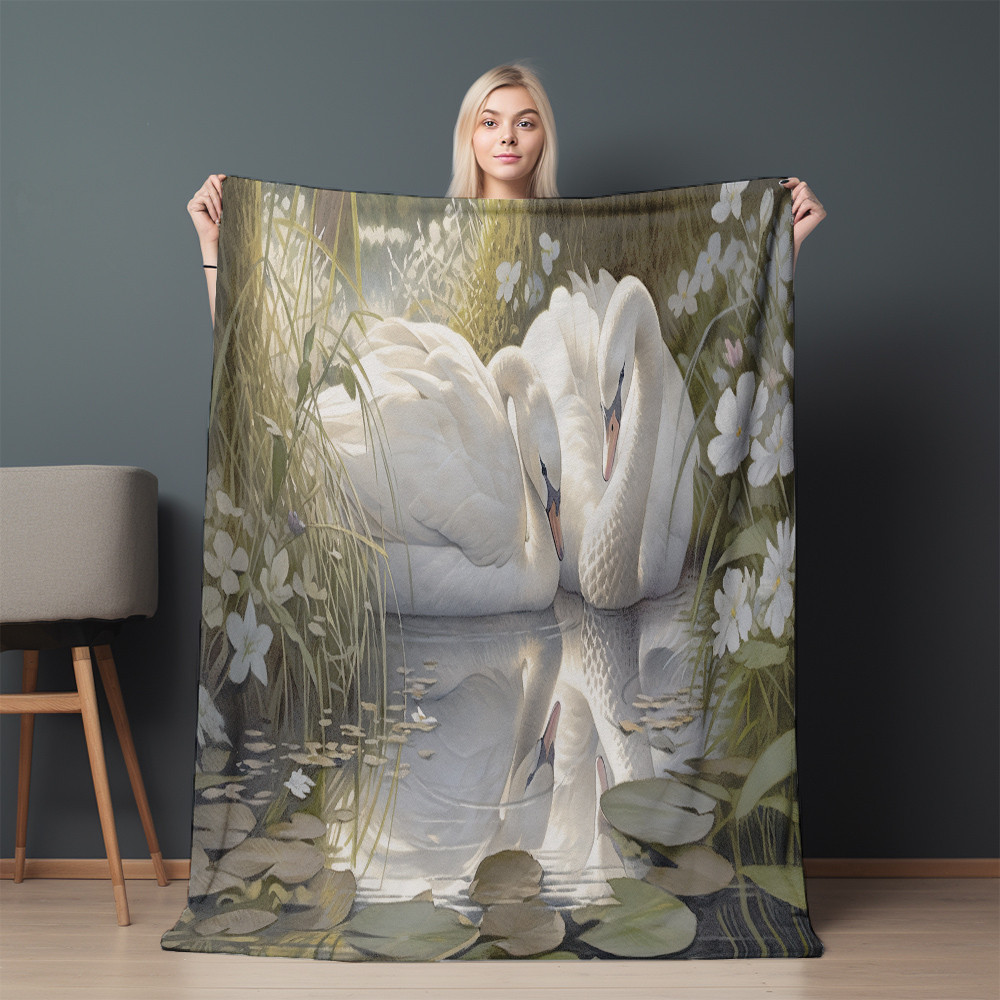 Two White Swans On The Lake Printed Sherpa Fleece Blanket Oil Painting Animal Design