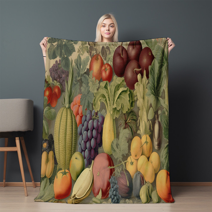 Vintage Fruits Vegetables Printed Sherpa Fleece Blanket Botanical Design