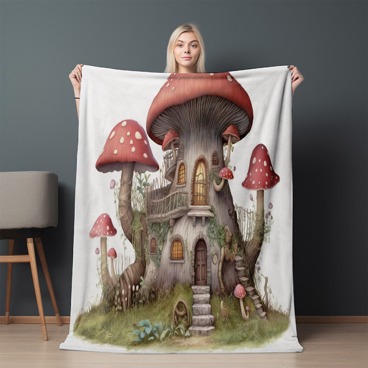Whimsical Mushrooms House Printed Sherpa Fleece Blanket Botanical Design