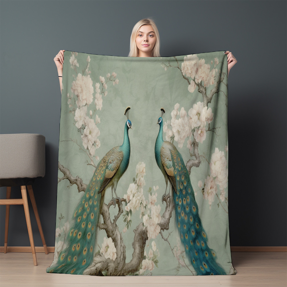 Two Peacocks On Branches In Floral Pattern Chinoiserie Style Printed Sherpa Fleece Blanket
