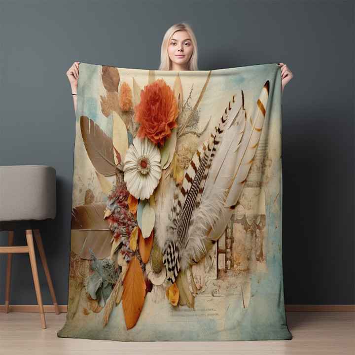 Vintage Feathers And Dried Flowers Printed Sherpa Fleece Blanket Boho Design