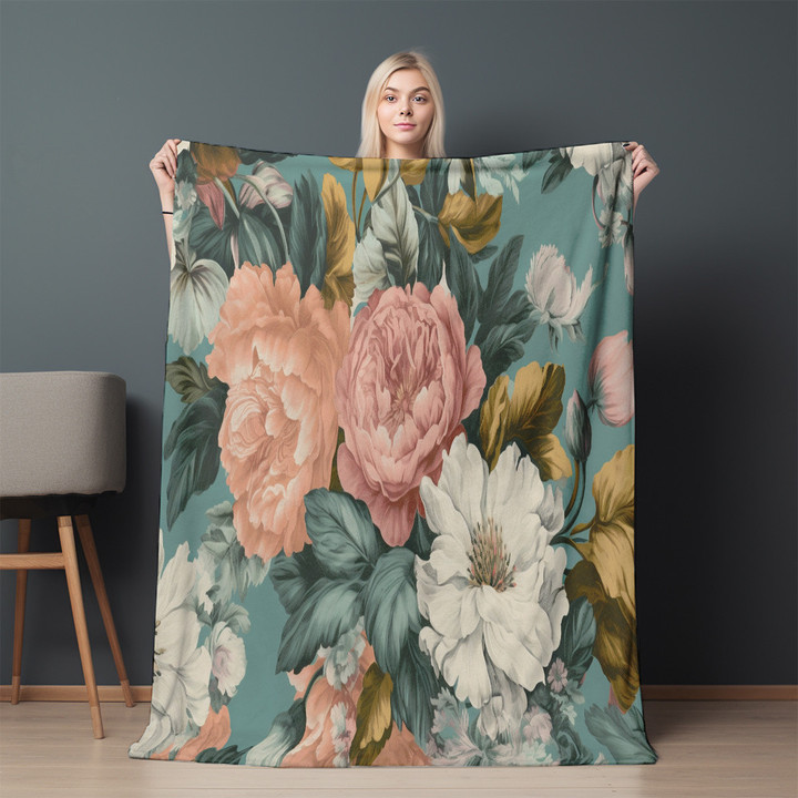 Vintage Pink Poppy Printed Sherpa Fleece Blanket Floral Design