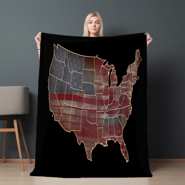 Vintage American Flag In Map Printed Sherpa Fleece Blanket Patriotic Design