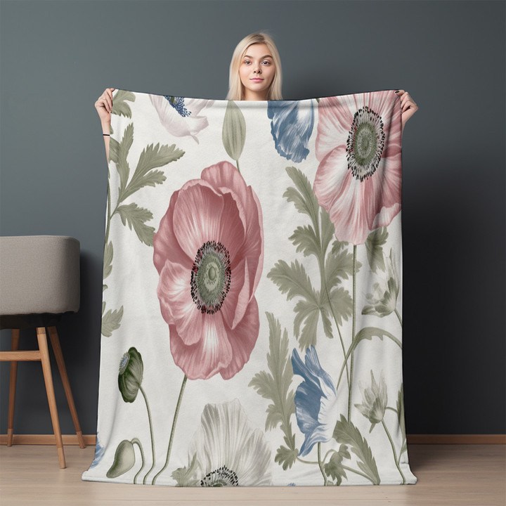 Vintage Poppy Printed Sherpa Fleece Blanket Floral Design