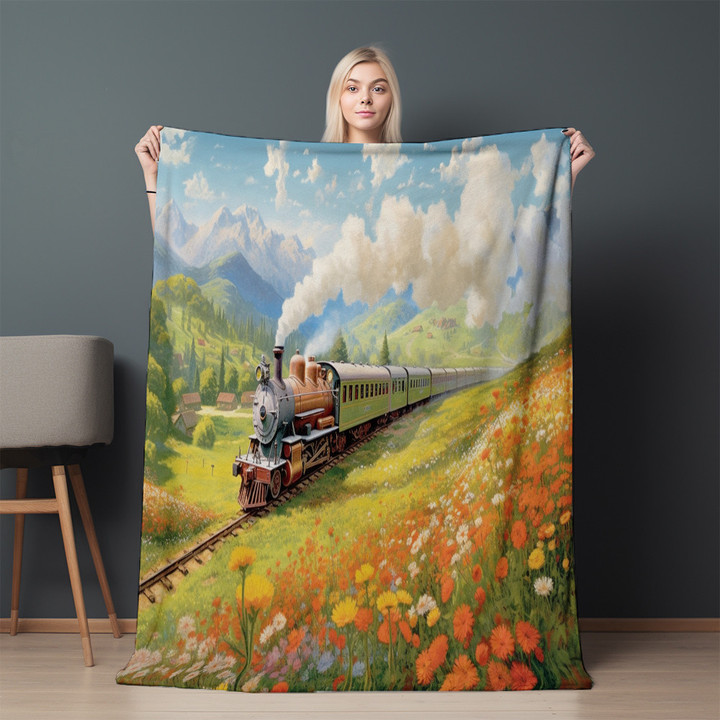 Vintage Train In Countryside Printed Sherpa Fleece Blanket Landscape Design