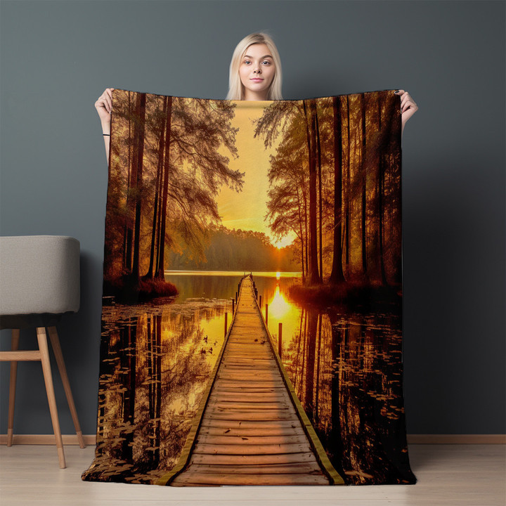 Wooden Brigde Through Lake Printed Sherpa Fleece Blanket
