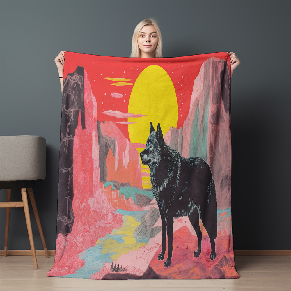 Wolf By Waterfall Risograph Printed Sherpa Fleece Blanket Animal Design
