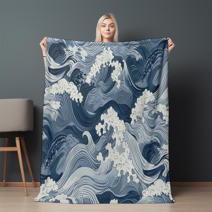 White Blue Japanese Waves Printed Sherpa Fleece Blanket Seamless Pattern Design