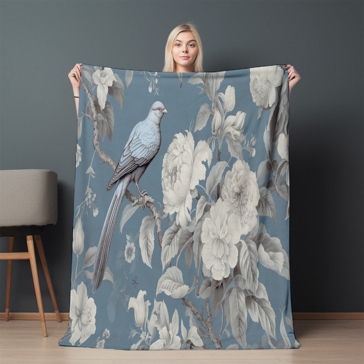 White Chinoiserie Design And White Birds Printed Sherpa Fleece Blanket