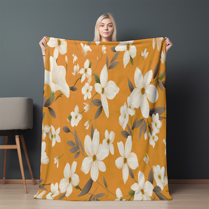White Flowers On Orange Printed Sherpa Fleece Blanket Floral Design