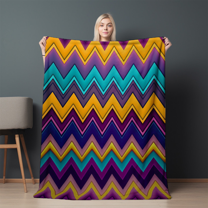 Yellow Purple Zigzag Patterns Printed Sherpa Fleece Blanket Illusion Design