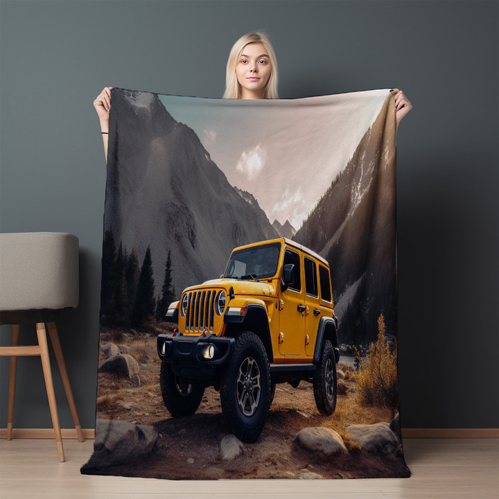 Yellow Sport Utility Vehicle In Mountains Printed Sherpa Fleece Blanket Landscape Design