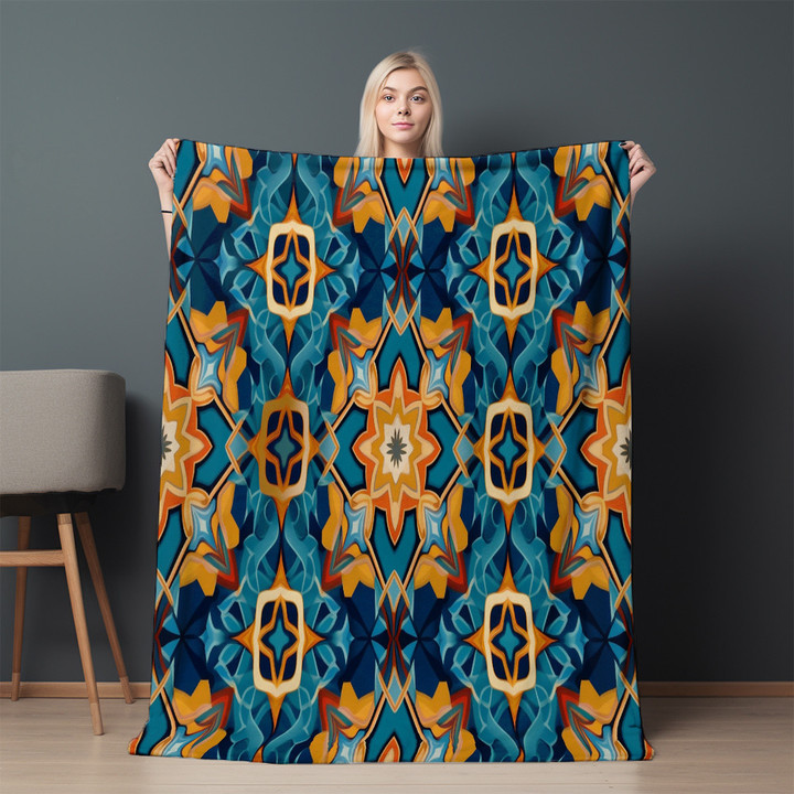 Yellow And Blue Moroccan Tilework Printed Sherpa Fleece Blanket Geometric Design