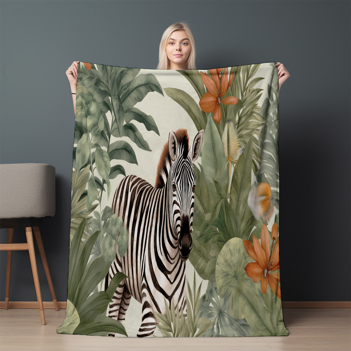 Zebra With Botanical Elements Printed Sherpa Fleece Blanket Animal Design