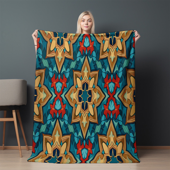 Yellow And Blue Moroccan Inspired Pattern Printed Sherpa Fleece Blanket Geometric Design