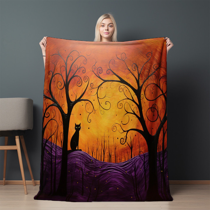 Black Cat Orange And Purple Halloween Design Printed Sherpa Fleece Blanket