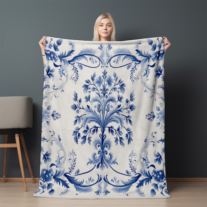 Azulejo Winter Blue Seamless Pattern Design Printed Sherpa Fleece Blanket