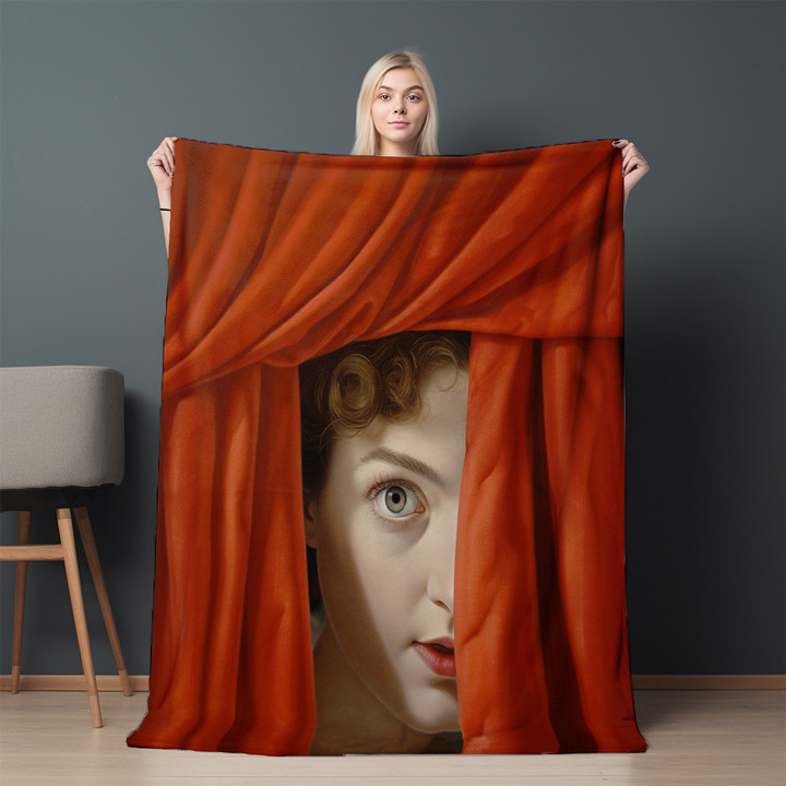 Boy Behind A Curtain Human Creepy Design Printed Sherpa Fleece Blanket
