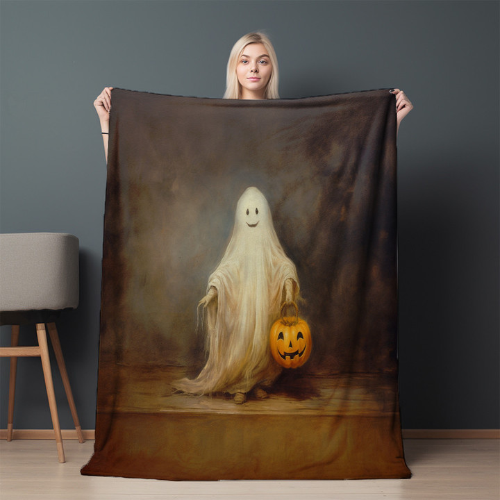 Cute Ghost Holding Pumpkin Halloween Design Printed Sherpa Fleece Blanket