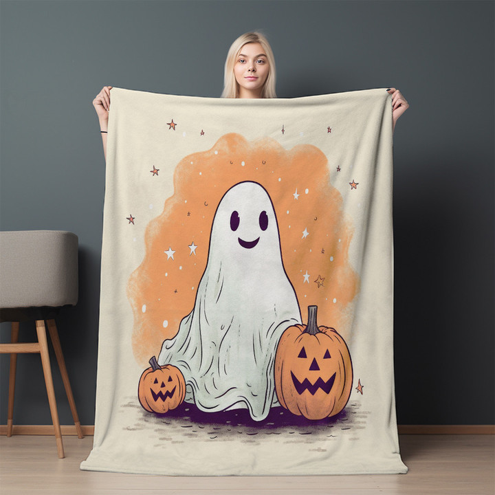 Ghost And Pumpkins Illustration Printed Printed Sherpa Fleece Blanket Halloween Design