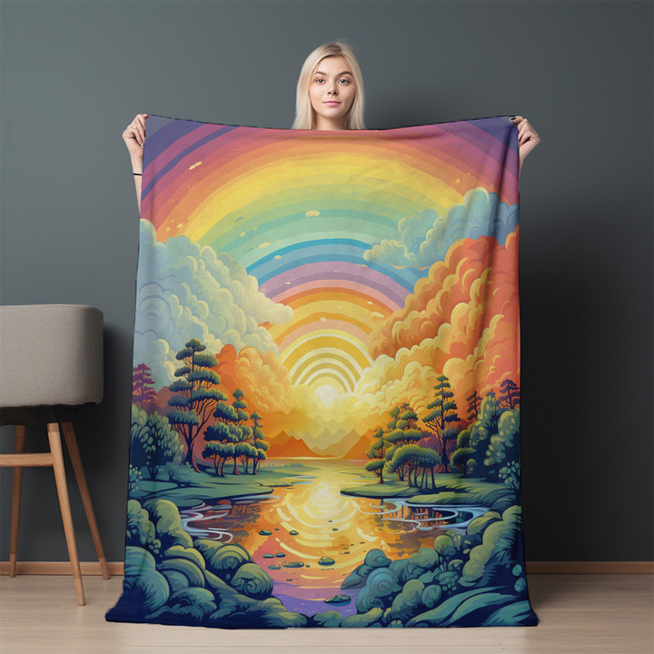 Colorful Rainbow Over River And  Forest Printed Printed Sherpa Fleece Blanket