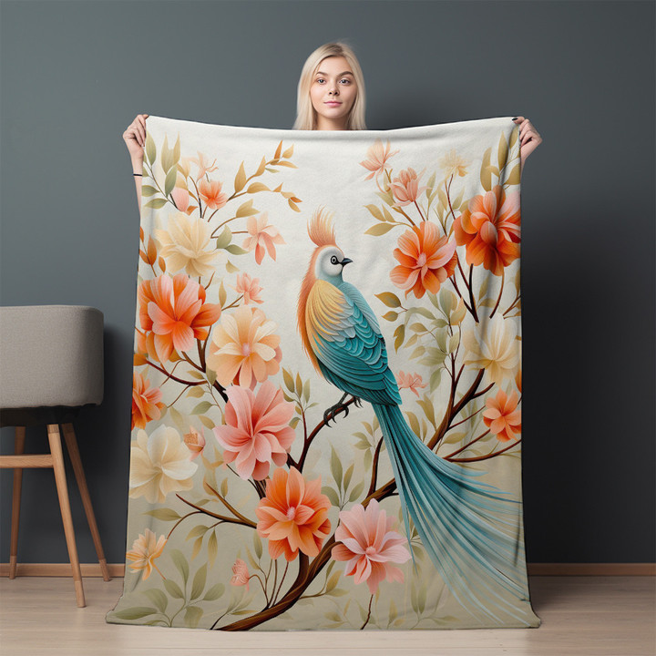 Colorful Bird Perched On A Tree Branch With Flowers Printed Printed Sherpa Fleece Blanket